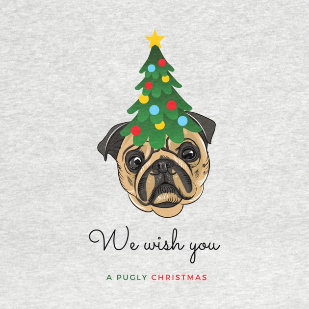 We Wish You a Pugly Christmas Pug Dog with Festive Tree on its Head by Seasonal Dogs